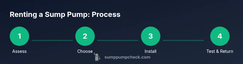 Process infographic showing renting a sump pump: assess, choose, install, test and return