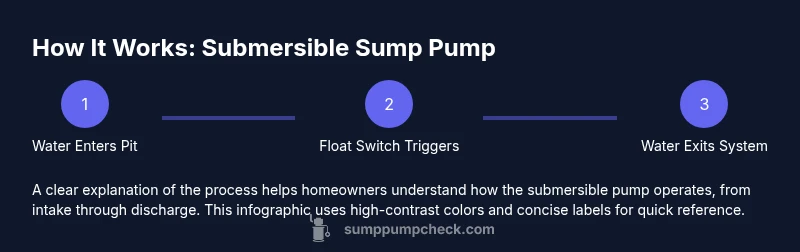 Process infographic showing water entry, float trigger, and water discharge for a submersible sump pump
