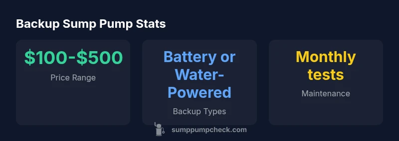 Infographic showing backup sump pump price range, types, and maintenance frequency