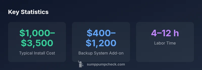 Infographic showing typical sump pump installation costs, backup options, and labor time
