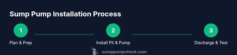 Process diagram showing planning, installation, discharge, and testing of a sump pump in a finished basement