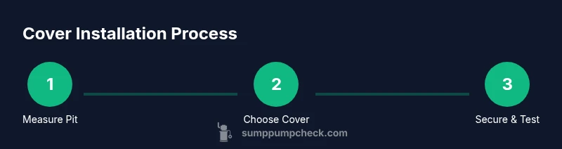 Process infographic showing measuring, selecting, and securing a sump pump cover