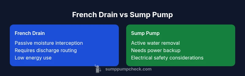 Infographic comparing French drain and sump pump with advantages and considerations