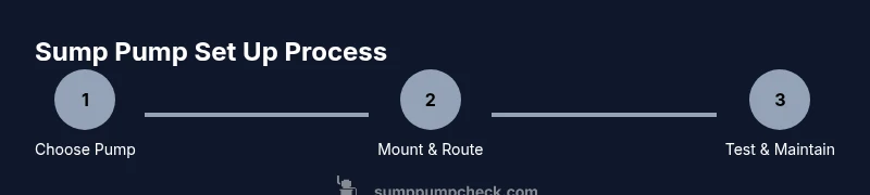 Diagram of a sump pump set up process showing selection, installation routing, and test/maintenance steps