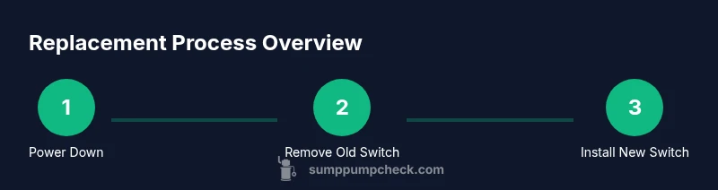 Diagram showing a step by step process to replace a sump pump switch in a basement