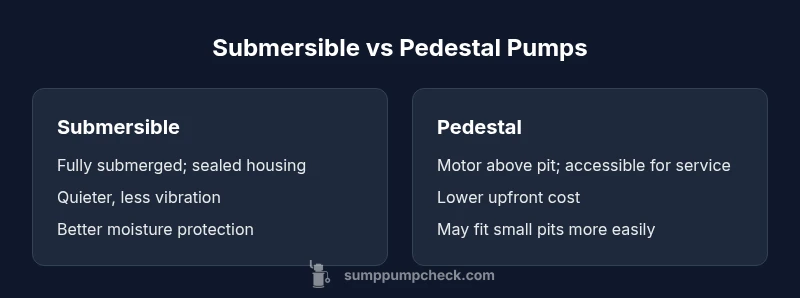 Tailwind-styled infographic comparing submersible vs pedestal sump pumps