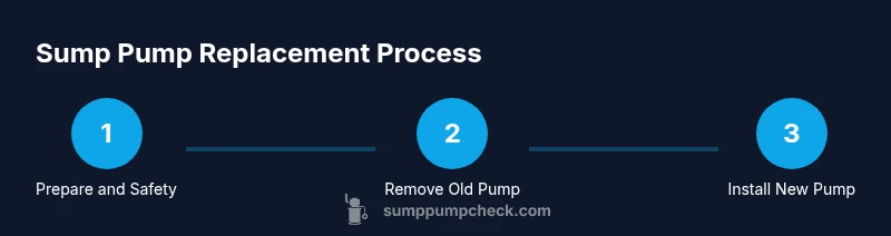 Process diagram for replacing a sump pump showing preparation, removal, and installation steps