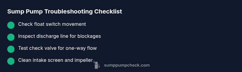 Checklist graphic for sump pump troubleshooting with checks for float switch, discharge line, valve, and impeller