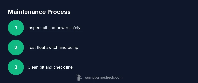 Process infographic showing inspection, testing, and cleaning steps for sump pump maintenance